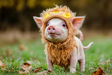 Wall Mural - Adorable piglet in a lion costume stands in a grassy autumnal setting.