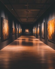 Poster - Dark gallery hallway with paintings on walls and polished wooden floor.