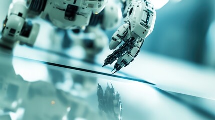 Poster - Close-up of a robotic arm interacting with a smooth surface, reflecting its metallic design.