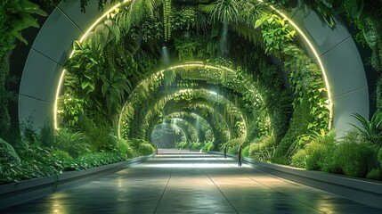 Wall Mural - Futuristic underground tunnel covered with lush green plants on the walls and ceiling, integrated vertical farming zone, natural light filtering through fiber-optic system, solar-powered LED lighting.