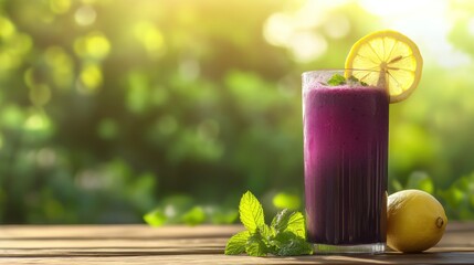 Poster - Refreshing purple smoothie in tall glass with lemon and mint on wooden table outdoors.