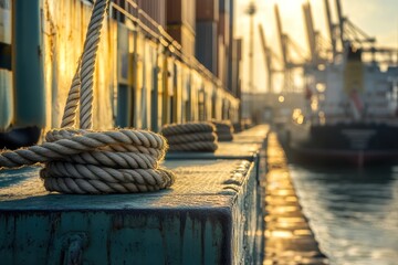Poster - Close-up of nautical ropes on a weathered dock, with cargo ships and sunset in the background.