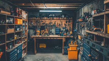 Poster - Well-organized workshop with various tools and equipment neatly arranged on shelves and workbench in a basement.