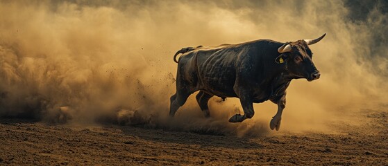 Aufkleber - Powerful bull running through a dusty arena, kicking up a cloud of dirt.
