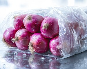 Wall Mural - Red onions in a clear plastic bag on a reflective surface.