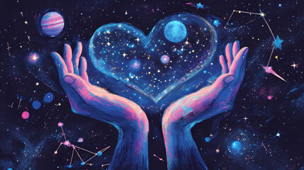 Poster - Abstract image of a Love shape hands in the form of a starry sky or space, consisting of points, lines, and shapes in the form of planets, stars and the universe. Vector Hand making sign Heart gesture