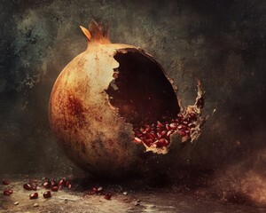 Sticker - A broken pomegranate reveals its vibrant red seeds against a dark, textured background.