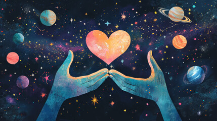 Poster - Abstract image of a Love shape hands in the form of a starry sky or space, consisting of points, lines, and shapes in the form of planets, stars and the universe. Vector Hand making sign Heart gesture