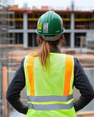 Poster - Woman construction worker in safety gear oversees building site.
