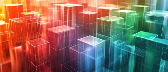 Aufkleber - Abstract colorful glowing cubes, digital city landscape.