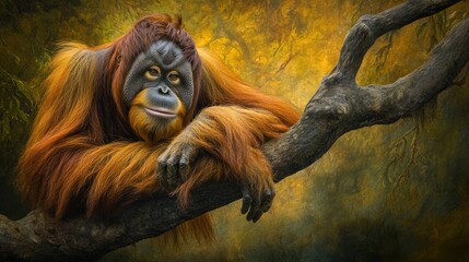 Poster - Relaxed orangutan resting on a tree branch in a lush forest.