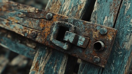 Poster - Rusty metal latch on weathered wooden planks.