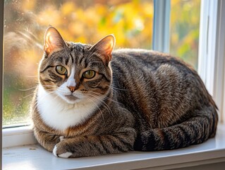 Poster - Tabby cat relaxing on a windowsill, basking in sunlight, autumn leaves blurred background.