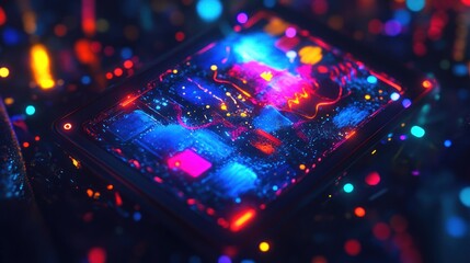Aufkleber - Futuristic glowing tablet displaying vibrant data streams and colorful particles.