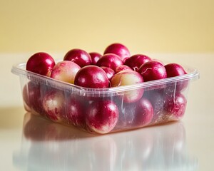 Wall Mural - Fresh ripe red and white plums in a clear plastic container on a white surface.