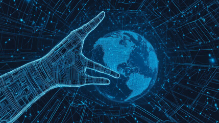 Poster - abstract technology futuristic concept world and hand wireframe blue digital on hi tech future blue 