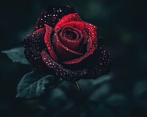 Aufkleber - Close-up of a dark red rose covered in water droplets, set against a blurred dark green background.