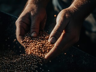 Poster - Close-up of farmer's hands sowing golden seeds.