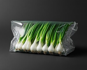 Wall Mural - Fresh green onions bundled in clear plastic packaging on dark background.