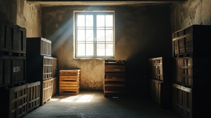 Poster - Sunbeams illuminate a rustic cellar with stacked wooden crates.