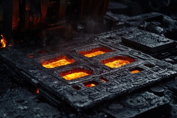 Poster - Molten metal pouring into a mold during industrial casting process.