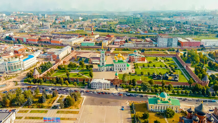 Wall Mural - Tula, Russia. Watercolor illustration. Tula Kremlin. Cathedral of the Assumption of the Blessed Virgin in the Tula Kremlin. General panorama of the city from the air, Aerial View