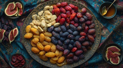 Poster - Assorted dried fruits arranged on an ornate platter, including dates, figs, and apricots, accompanied by honey.