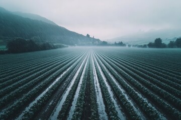 Poster - Misty morning view of vast agricultural field with rows of crops and distant mountains.