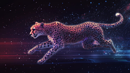 Poster - high speed concept. cheetah in motion in the form of a starry sky or space, consisting of point, lin