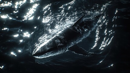 Poster - Great white shark swimming underwater, illuminated by sunlight.