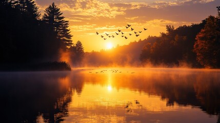 Poster - Serene sunrise over a misty lake with birds in flight and trees reflected in the water.
