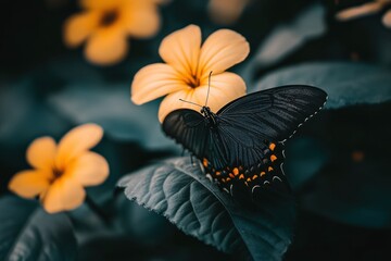 Poster - Black butterfly with orange spots perched on yellow flowers and dark green leaves.