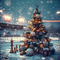 Poster - A festive tree decorated with sports equipment (balls, rackets, chess pieces). In the background, a snowy stadium with bright lights.