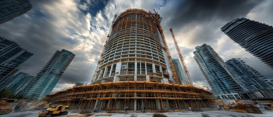 Poster - Skyscraper under construction against a dramatic sky, surrounded by other high-rises.