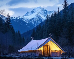 Fototapete - Illuminated canvas tent at twilight, nestled in a snowy mountain forest.