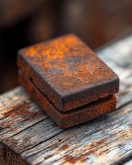 Aufkleber - Close-up of two rusty rectangular metal pieces stacked on weathered wood.