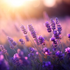 Sticker - Stunning close up view of a lush lavender field bathed in soft warm sunlight creating a serene and picturesque landscape