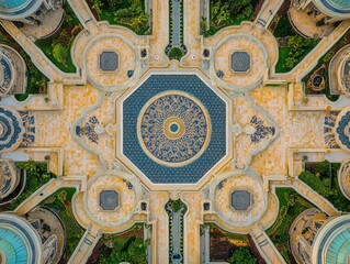 Poster - Aerial view of symmetrical ornate courtyard with central fountain, geometric patterns, and surrounding landscaping.