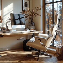 Aufkleber - White leather chair and desk with computer on it in a home office with wooden floor, window with view of trees.