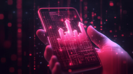 Poster - Abstract growing arrow up on smartphone screen. Human person holding a phone with hologram of boosting arrows or graph chart. Acceleration of digital and  Internet processes. Low poly wireframe vector