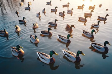 Poster - Many mallard ducks swim on calm water at sunset.