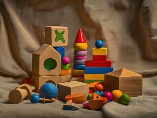 Poster - Colorful wooden blocks and toys arranged on fabric background.