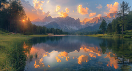 Poster - The green grassland, the lake water is calm and clear, reflective colorful clouds in the sky, surrounded by high mountains with pine trees on both sides. The sunset shines behind the mountain.