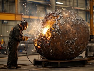 Aufkleber - Welder working on a large metal sphere in a factory, sparks flying.
