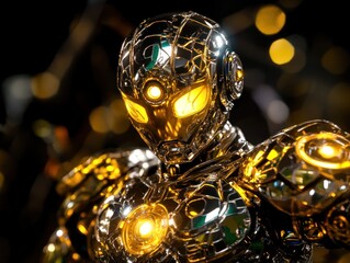 Aufkleber - Close-up of a futuristic metallic robot with glowing yellow lights, set against a dark background with bokeh.