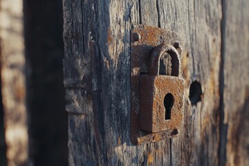 Aufkleber - Rusty padlock on weathered wooden door.