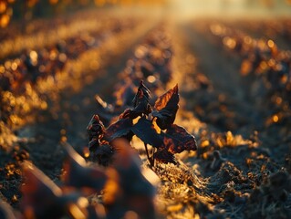 Poster - Sunlit young plants in a field at sunrise, showing detail of leaves and soil.