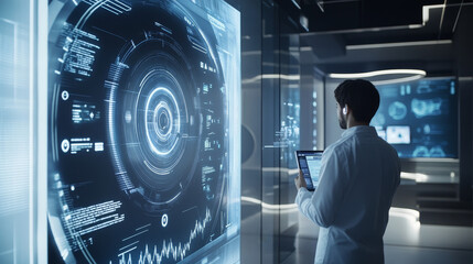 Poster - abstract technology ui futuristic concept hud interface hologram elements of digital data chart, communication, computing and circle percent vitality innovation on hi tech future design background