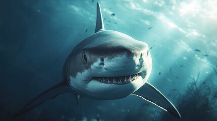 Poster - Great white shark underwater close-up, ocean predator.