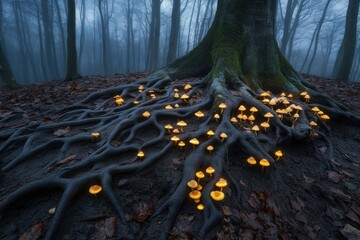 Aufkleber - Glowing mushrooms illuminate tree roots in a misty forest.